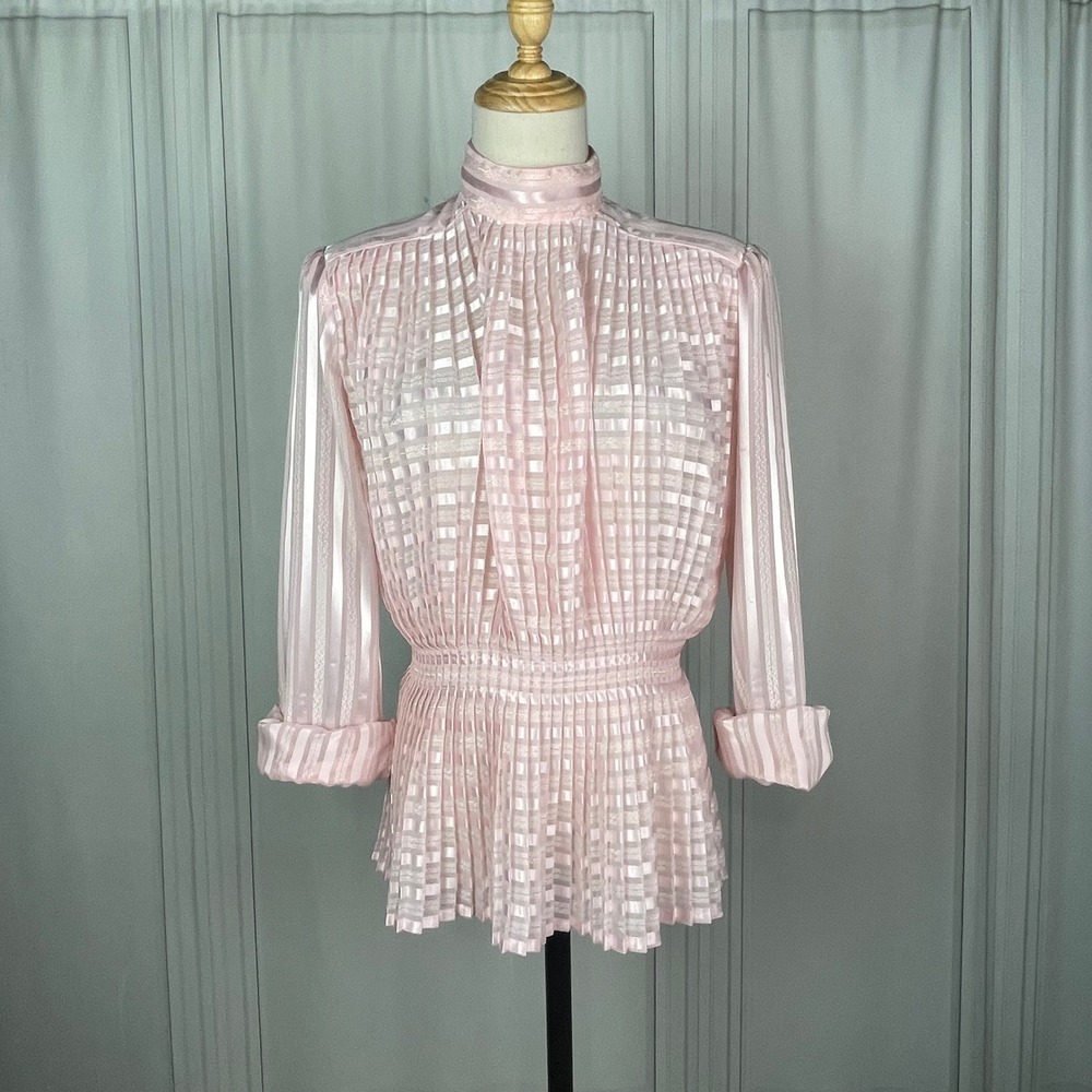Vintage Nicola - Pink Striped Mock Neck Peplum Top Back‎ Button Blouse - Size 4